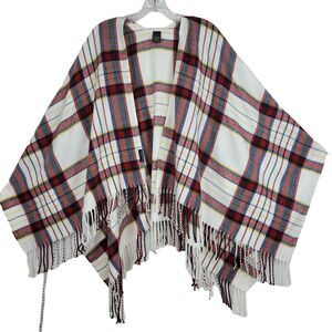 V FRASS The Scarf Company Tartan Plaid Red & White Poncho Fringe Hem Shawl Wrap